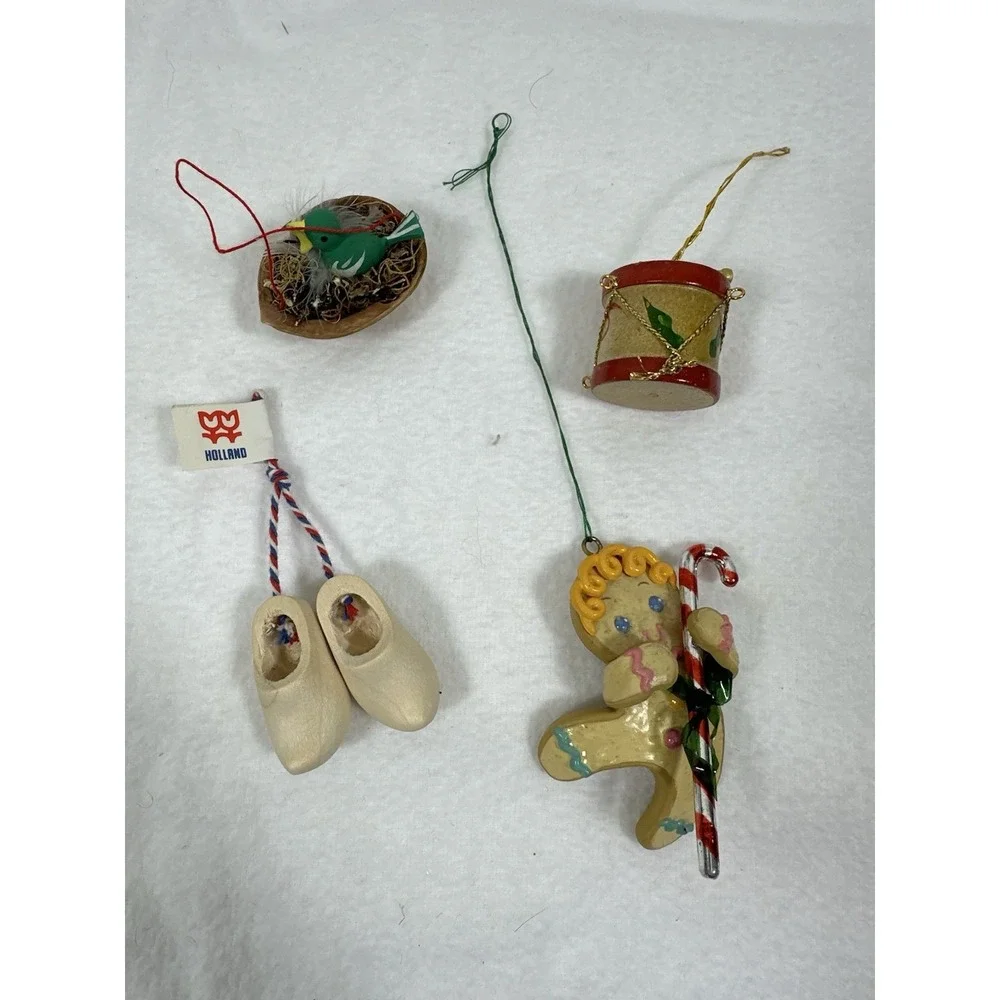 Christmas Ornaments Gingerbread Drum Dutch Wooden Shoes Bluebird Nest Lot 4 Vtg